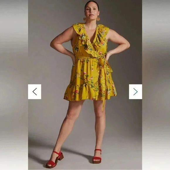 Anthropologie Maeve Floral-Wrap Mini Dress in Yellow Floral. Size 1X.